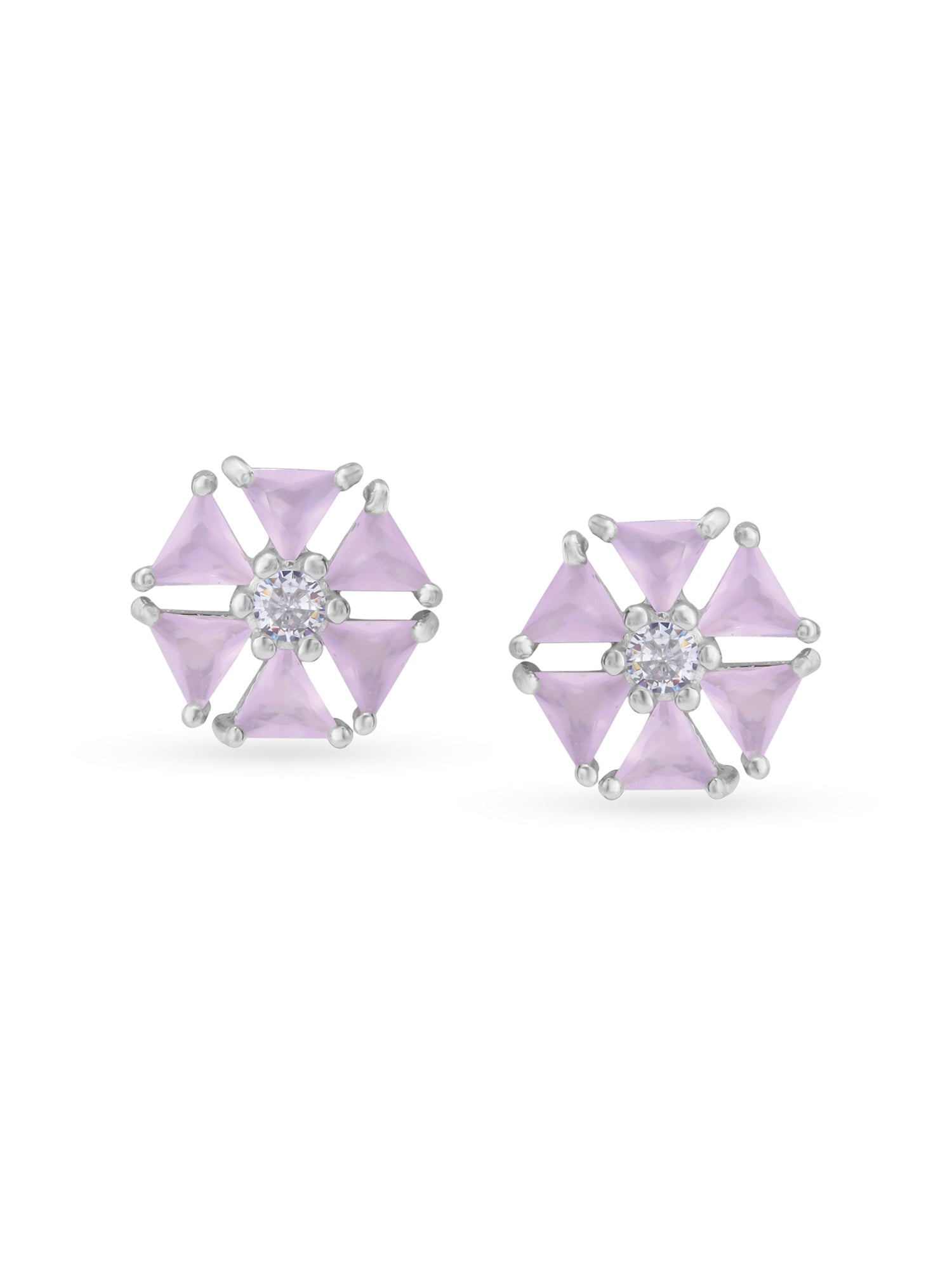 Detailed close up of SIJA Pink Hexa Glow Stud showing sparkling pink hexagon stone and premium silver craftsmanship