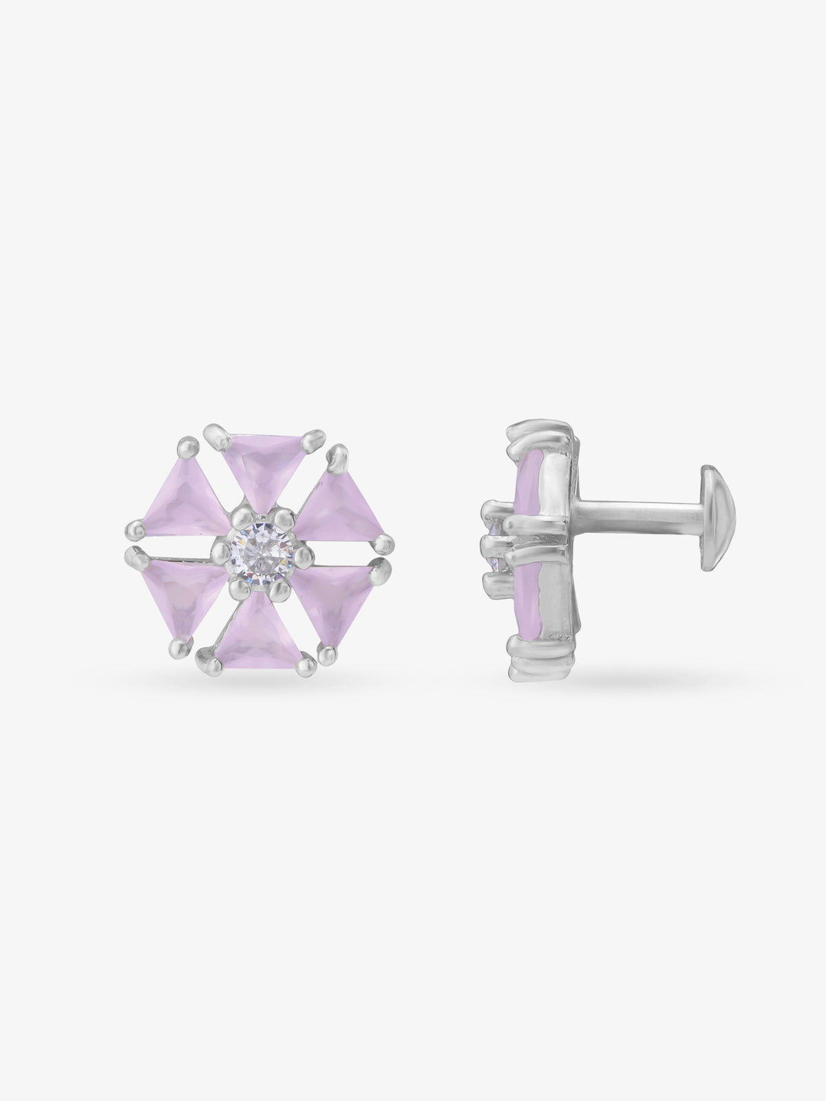 Side view of SIJA 925 Silver Pink Hexa Glow Stud highlighting sleek silver setting and hexagon glow charm