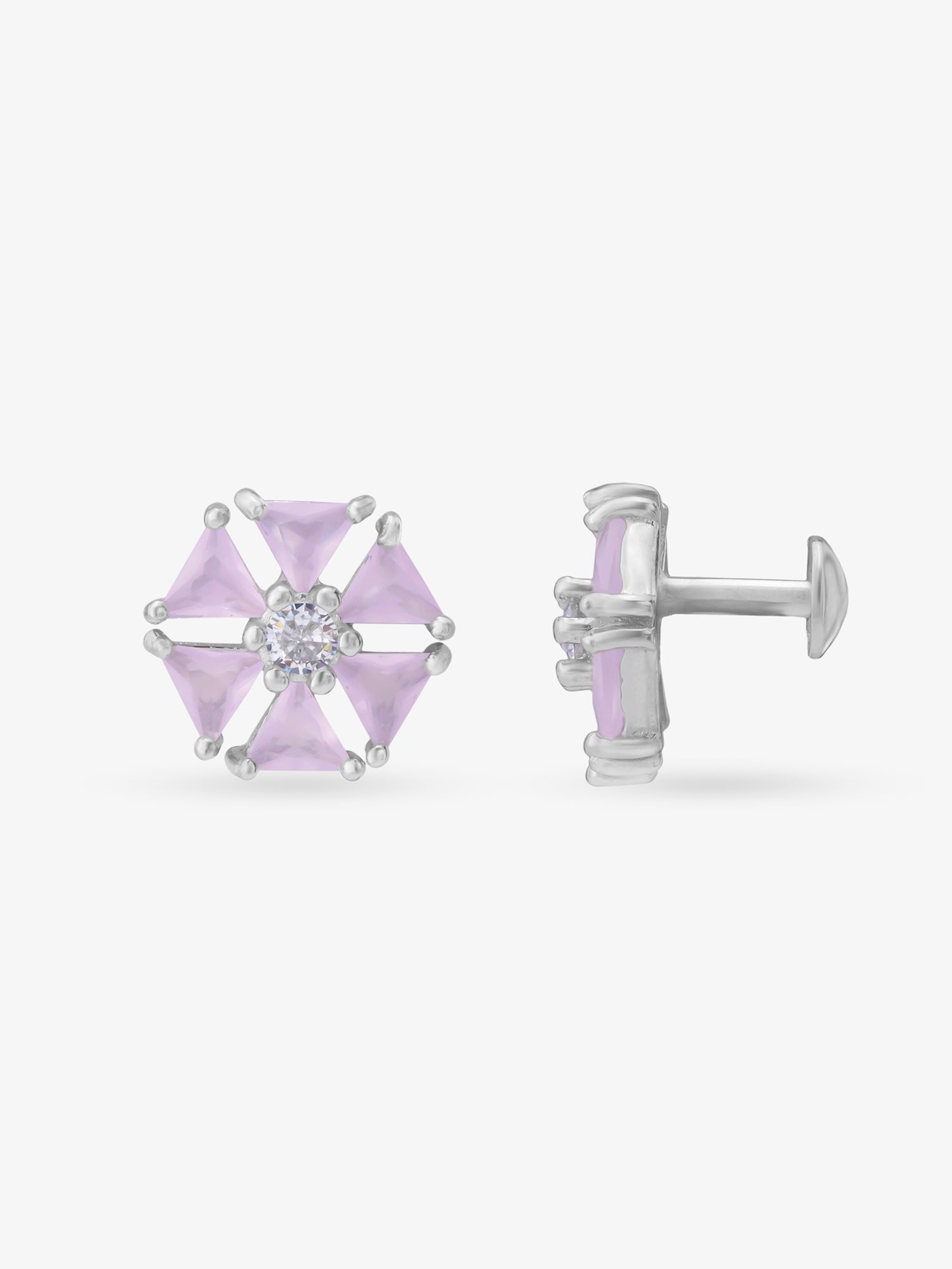 Side view of SIJA 925 Silver Pink Hexa Glow Stud highlighting sleek silver setting and hexagon glow charm