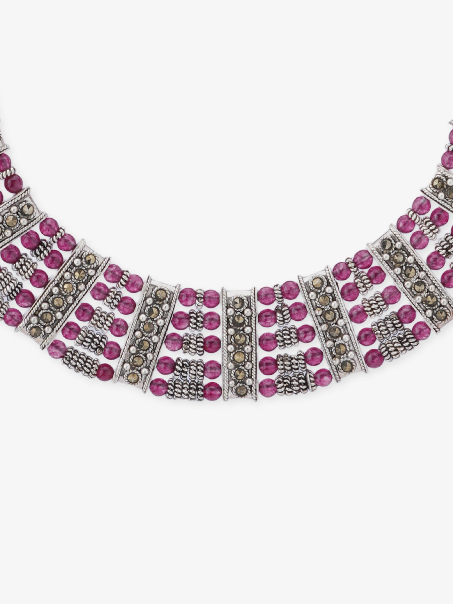 Close‑up of SIJA 925 silver Pink Karwar Necklace showing pink stone detailing and handcrafted sterling silver design