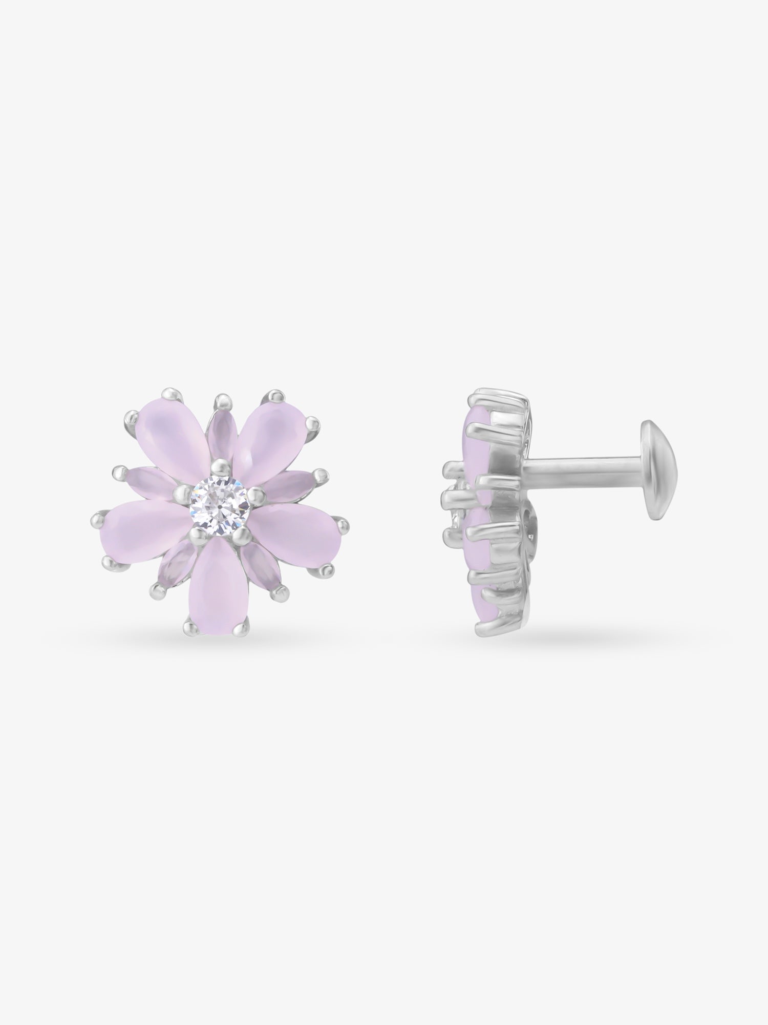 Side view of SIJA 925 Silver Leaf Blossom Stud highlighting sleek silver setting and blossom charm