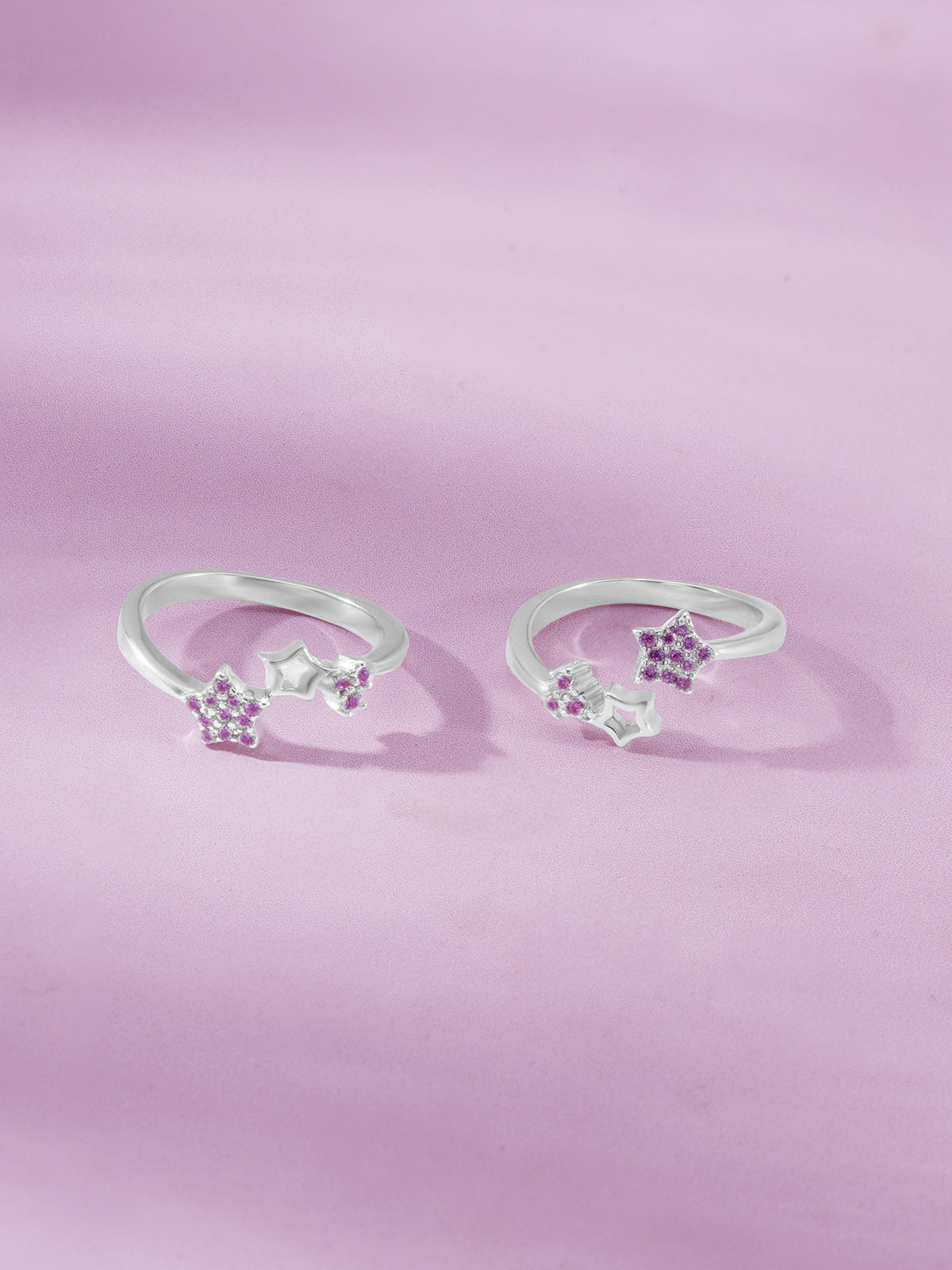 Detailed close up of SIJA 925 Silver Pink Stone Star Toe Ring showing star charm with sparkling pink stone accents handcrafted in silver