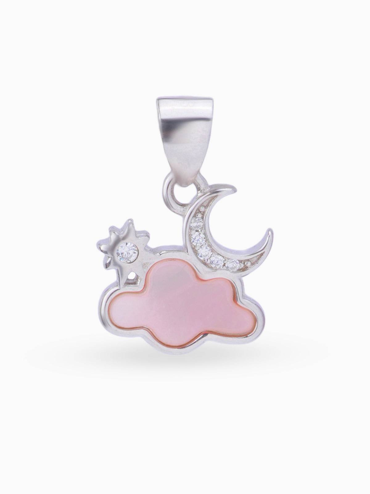 Hero shot SIJA 925 silver jewellery pink white cloud moon star pendant BIS hallmarked elegant timeless accessory perfect for weddings festive wear and gifting
