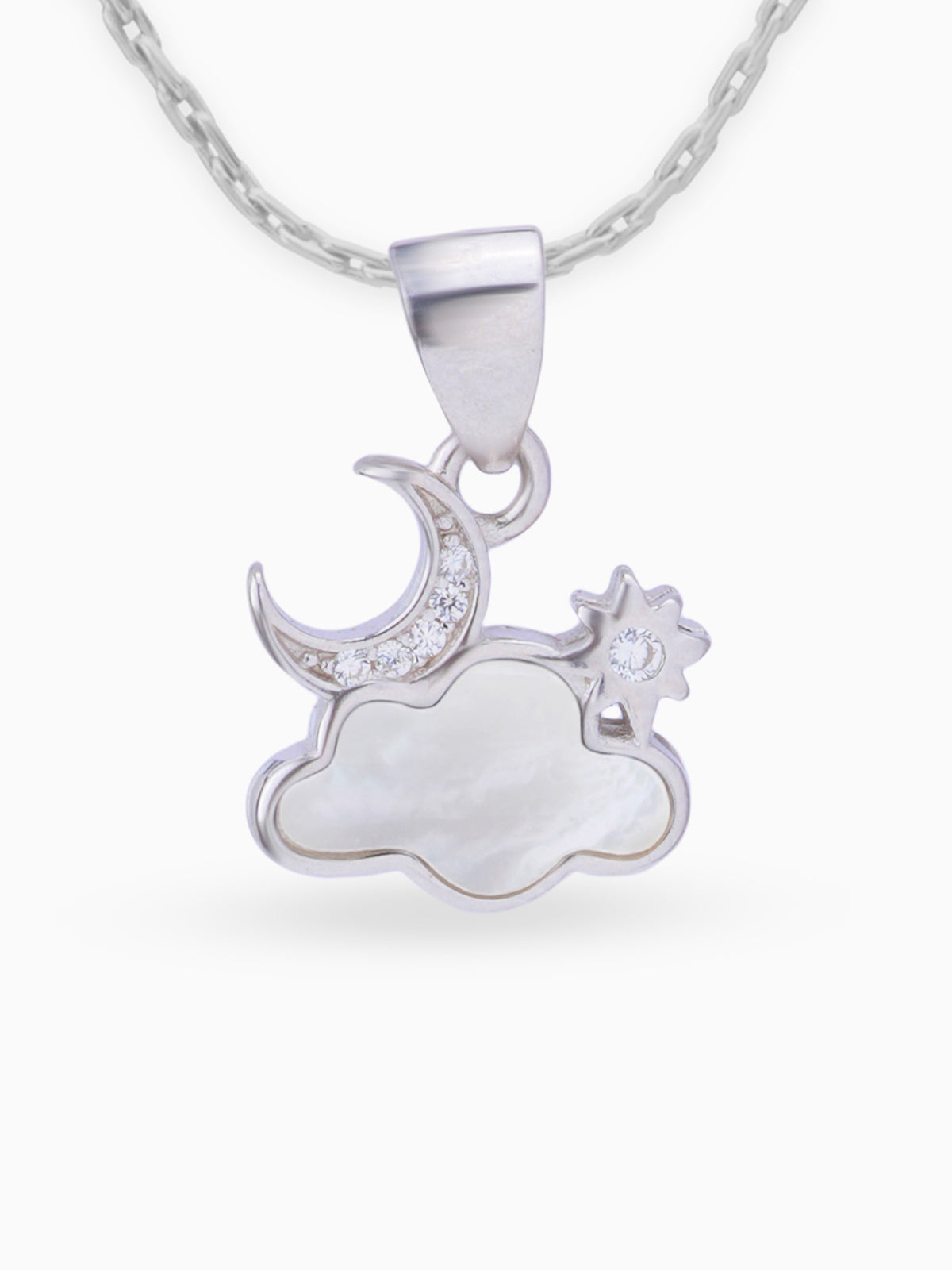 Close up SIJA 925 silver jewellery pink white cloud moon star pendant handcrafted premium design versatile accessory for everyday wear and special occasions