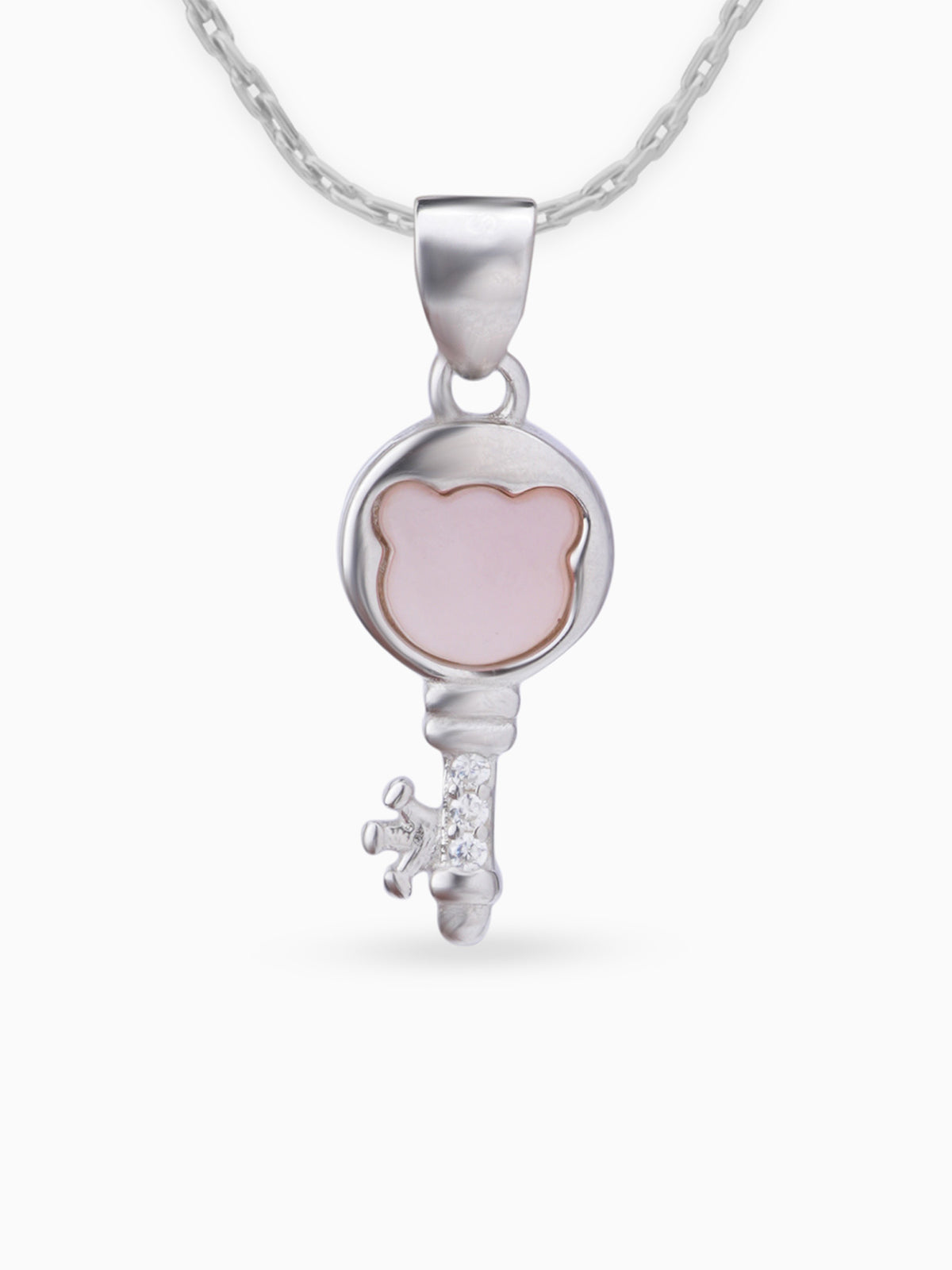 Close up SIJA 925 silver jewellery pink white memory key pendant handcrafted premium design versatile accessory for everyday wear and special occasions