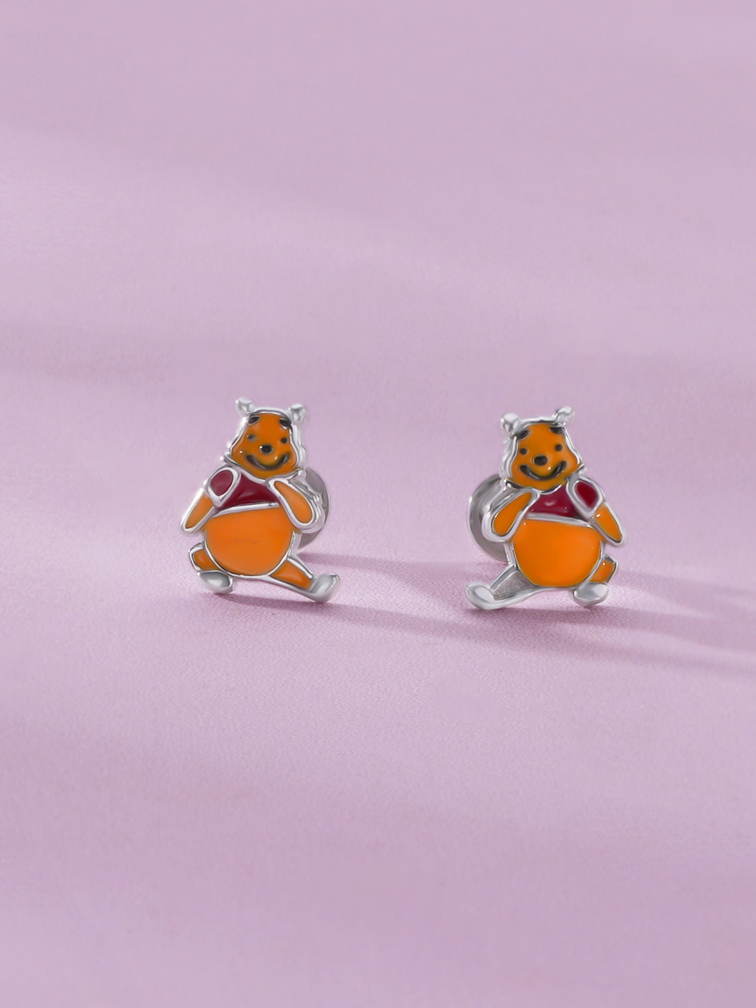 Close‑up of SIJA 925 Silver Pooh Bear Stud showing cute Pooh Bear face detailing handcrafted sterling silver jewellery fun accessory for children
