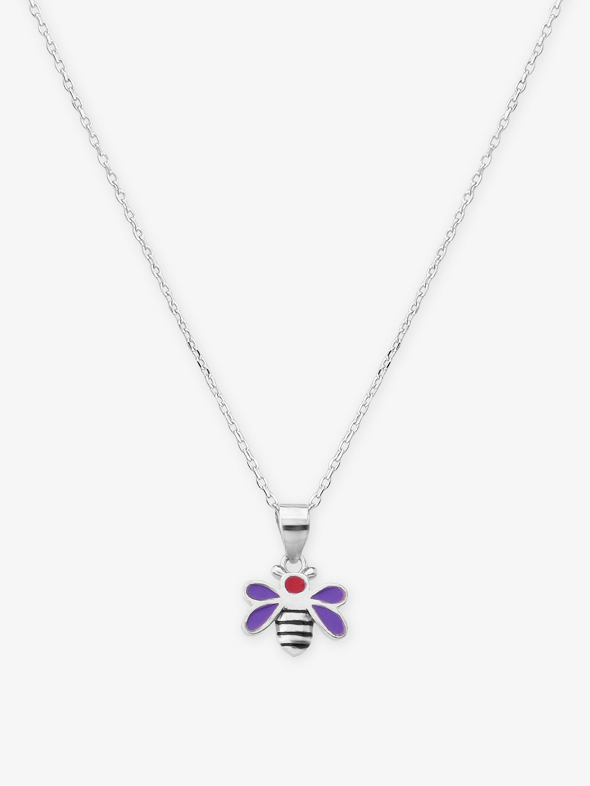 Close‑up of SIJA 925 silver Purple Enamel Honey Bee Necklace showing enamel bee pendant detailing and handcrafted sterling silver design
