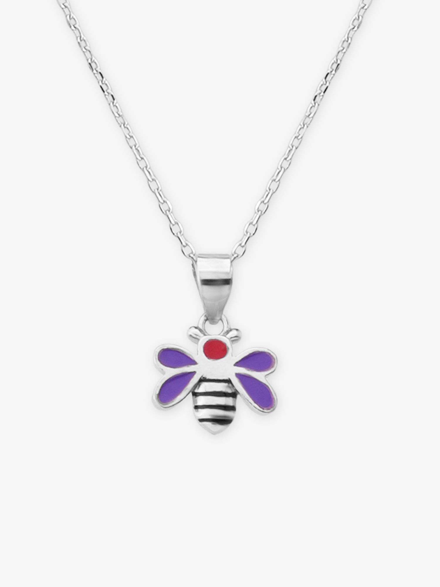 Close‑up of SIJA 925 silver Purple Enamel Honey Bee Necklace showing enamel bee pendant detailing and handcrafted sterling silver design