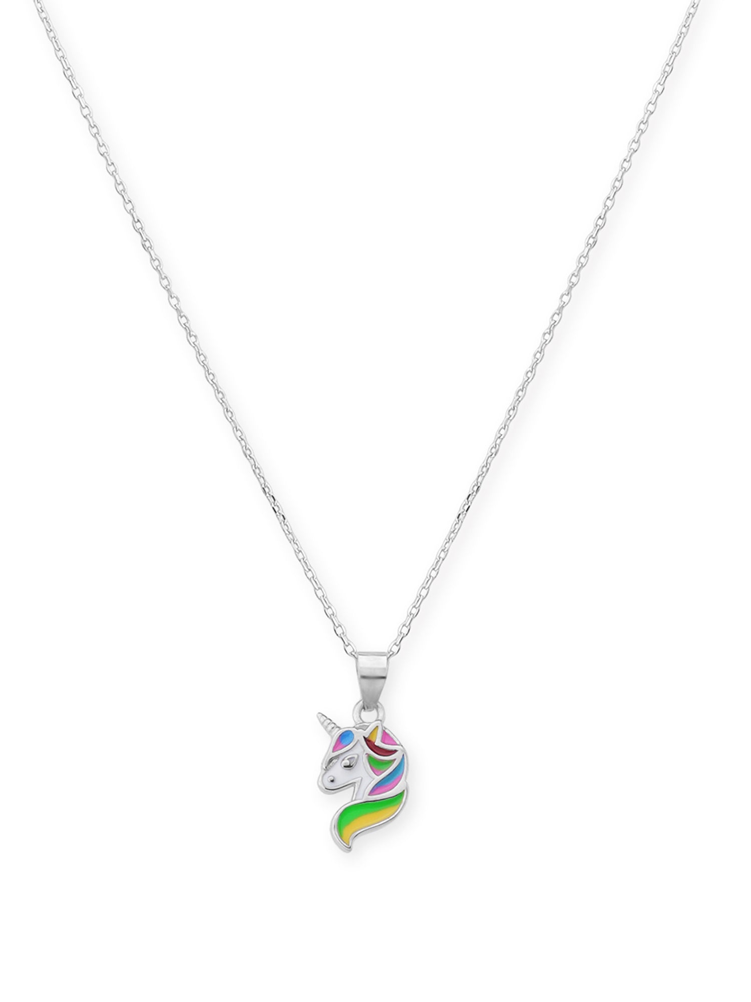 Close‑up of SIJA 925 silver Rainbow Sparkle Unicorn Necklace showing rainbow sparkle unicorn pendant detailing and handcrafted sterling silver design