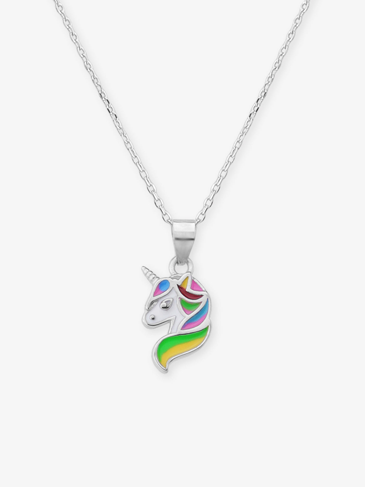 Close‑up of SIJA 925 silver Rainbow Sparkle Unicorn Necklace showing rainbow sparkle unicorn pendant detailing and handcrafted sterling silver design