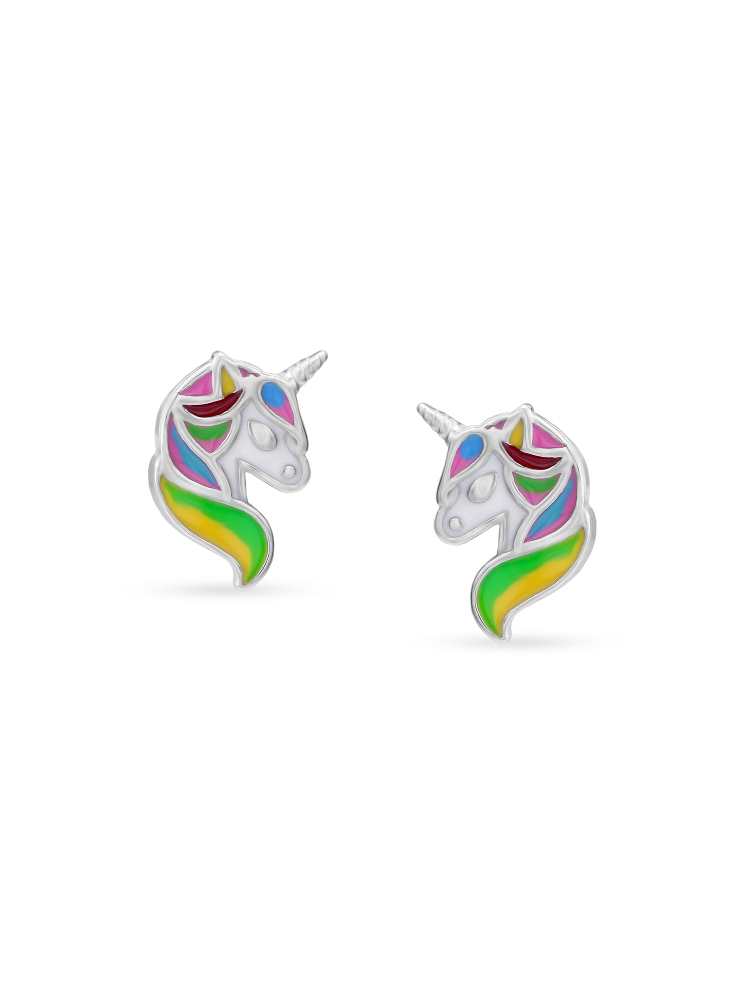 Detailed view of SIJA 925 silver Rainbow Sparkle Unicorn Earrings highlighting enamel rainbow finish and ornamental craftsmanship