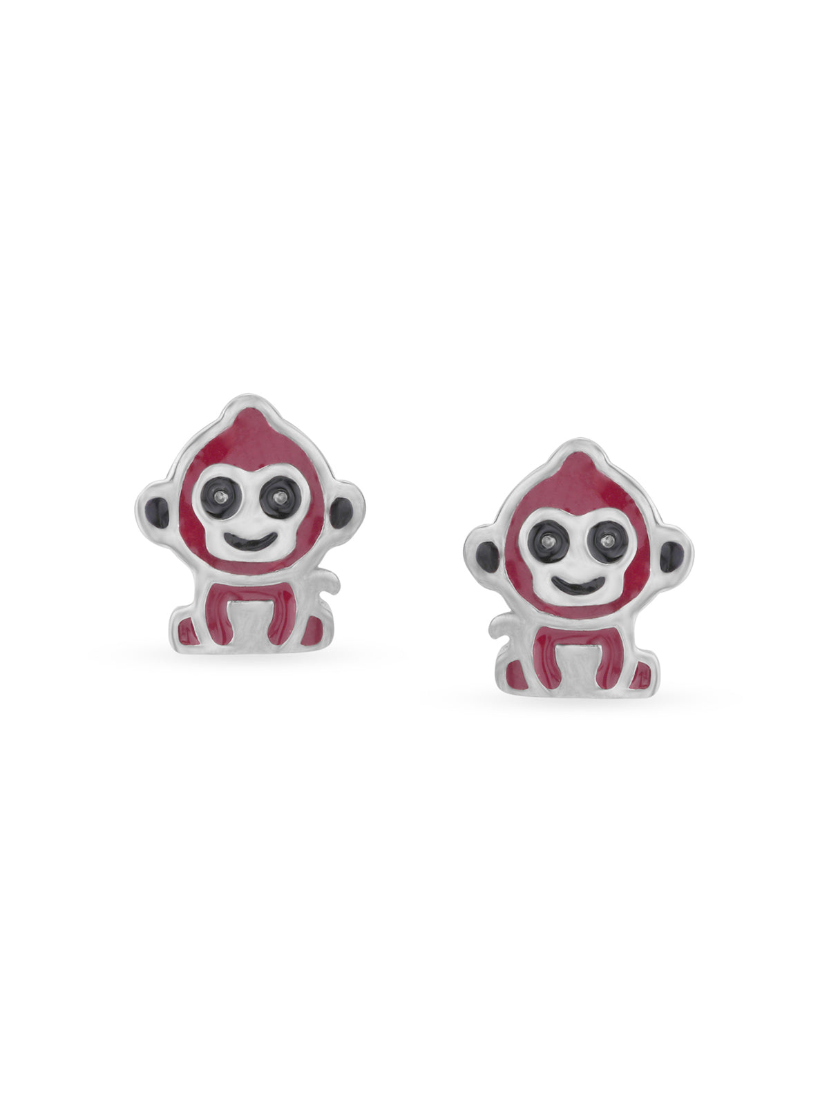 Close‑up of SIJA 925 silver Red Monkey Stud showing red enamel monkey face detailing and handcrafted sterling silver design