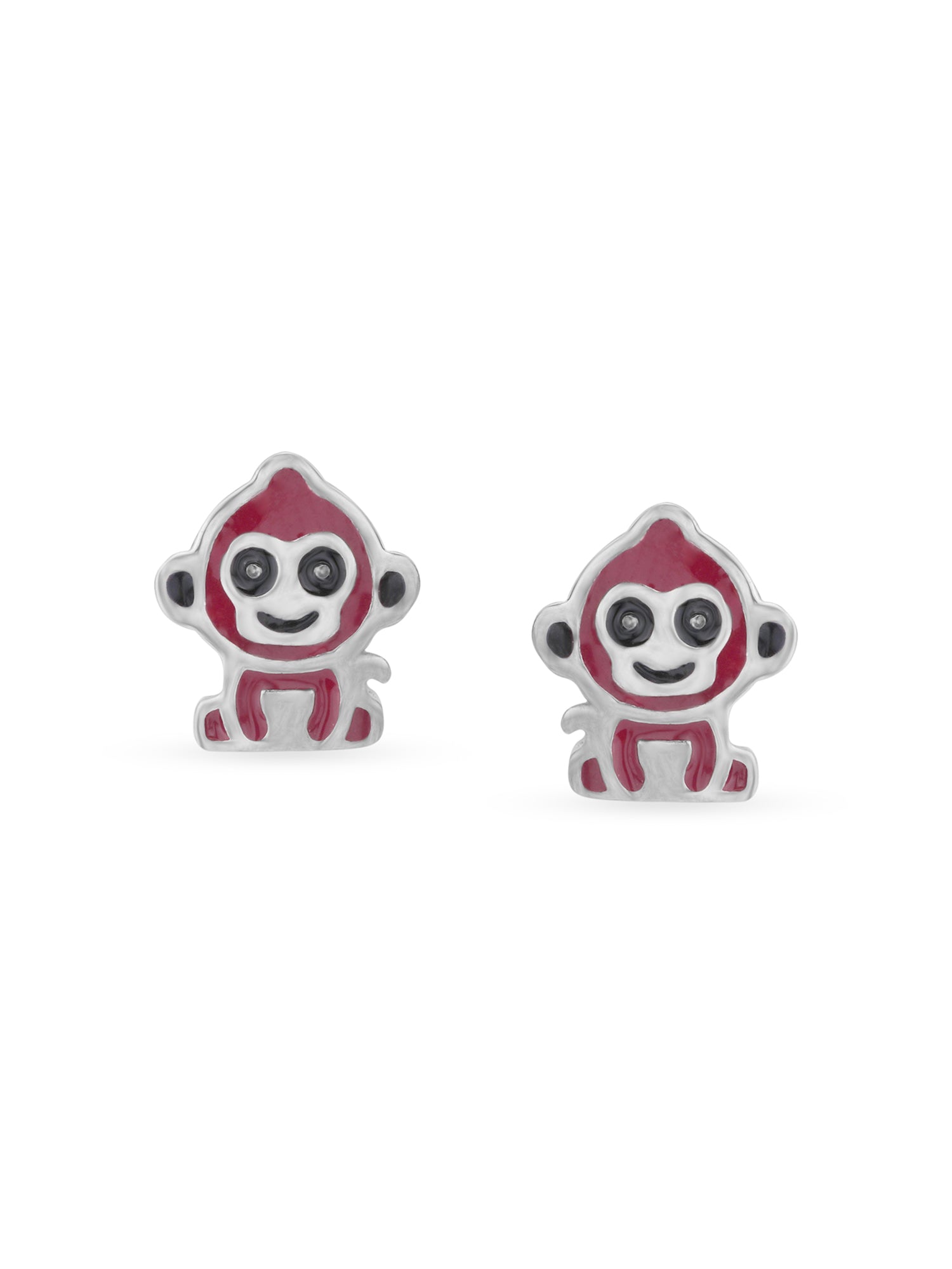 Close‑up of SIJA 925 silver Red Monkey Stud showing red enamel monkey face detailing and handcrafted sterling silver design