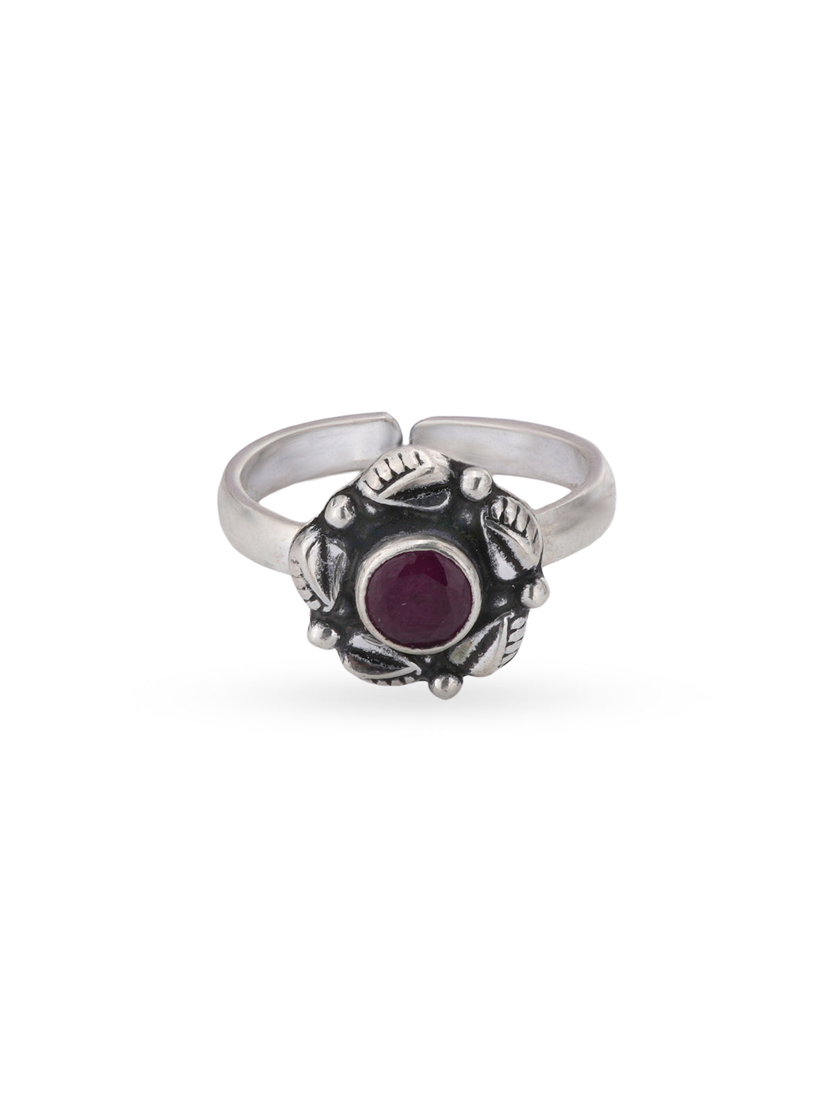 Detailed close up of SIJA 925 Silver Ruby Blossom Antique Toe Ring showing oxidised floral motif with ruby stone center piece