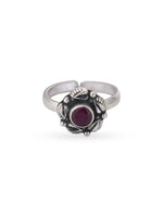 Detailed close up of SIJA 925 Silver Ruby Blossom Antique Toe Ring showing oxidised floral motif with ruby stone center piece