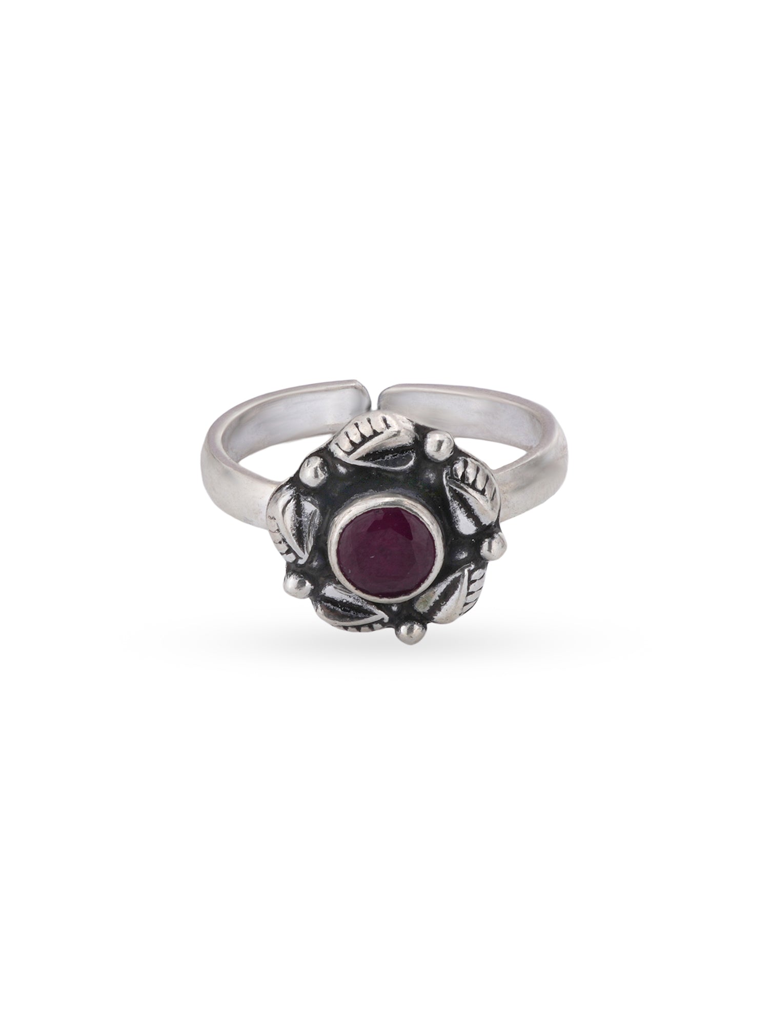 Detailed close up of SIJA 925 Silver Ruby Blossom Antique Toe Ring showing oxidised floral motif with ruby stone center piece