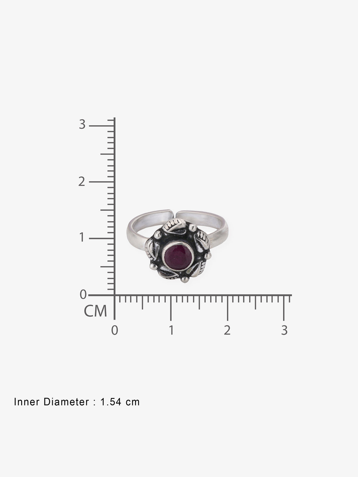 Reverse view of SIJA Ruby Blossom Antique Toe Ring showing BIS 925 hallmark certified oxidised sterling silver jewellery made in India
