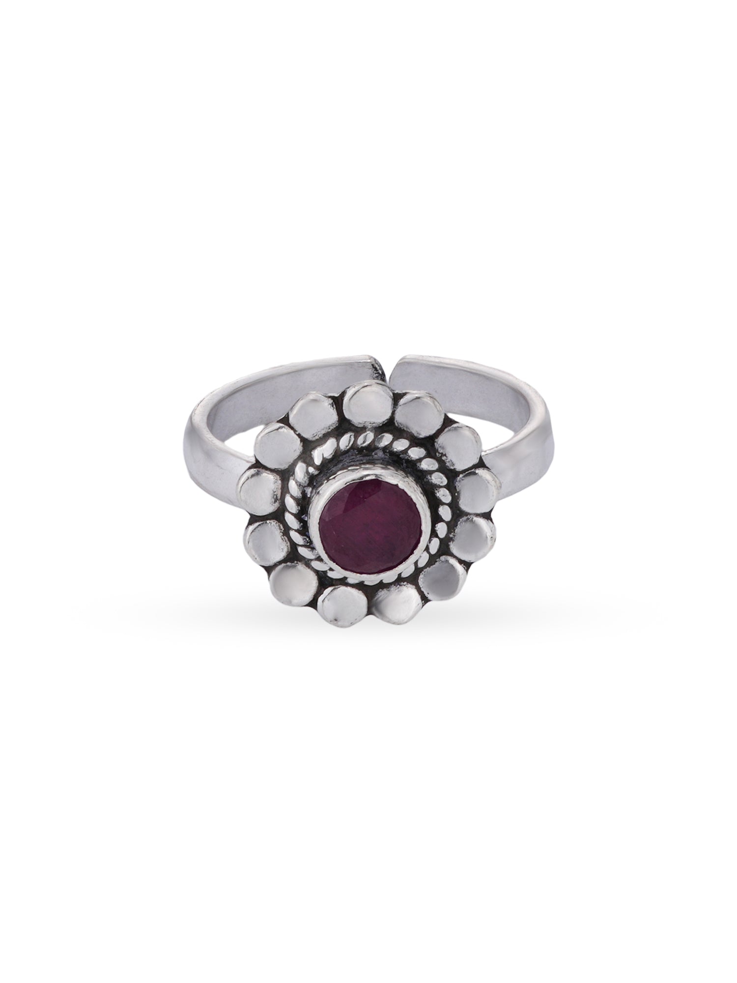 Detailed close up of SIJA 925 Silver Ruby Heritage Petal Antique Toe Ring showing oxidised petal motif with ruby stone centerpiece
