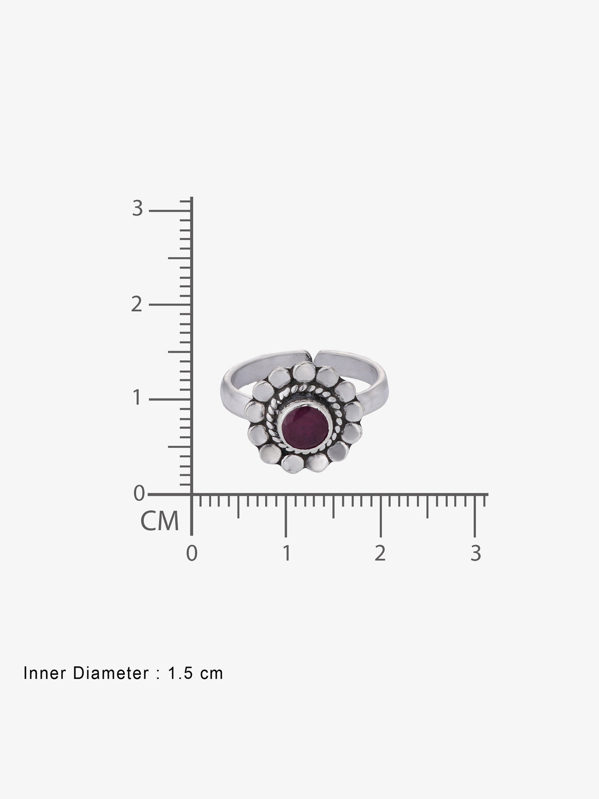 Reverse view of SIJA Ruby Heritage Petal Antique Toe Ring showing BIS 925 hallmark certified oxidised sterling silver jewellery made in India