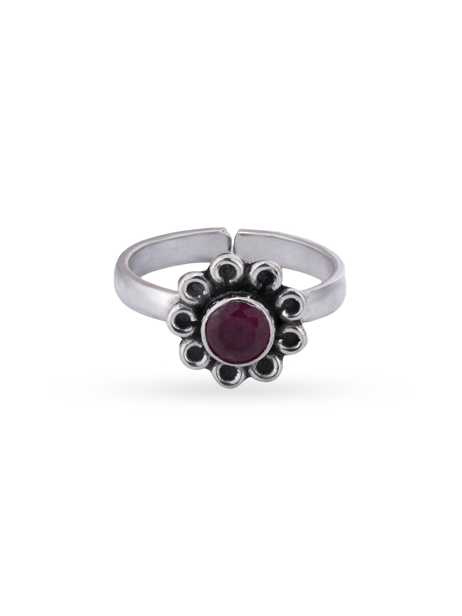 Detailed close up of SIJA 925 Silver Ruby Timeless Blossom Antique Toe Ring showing oxidised floral motif with ruby stone center piece