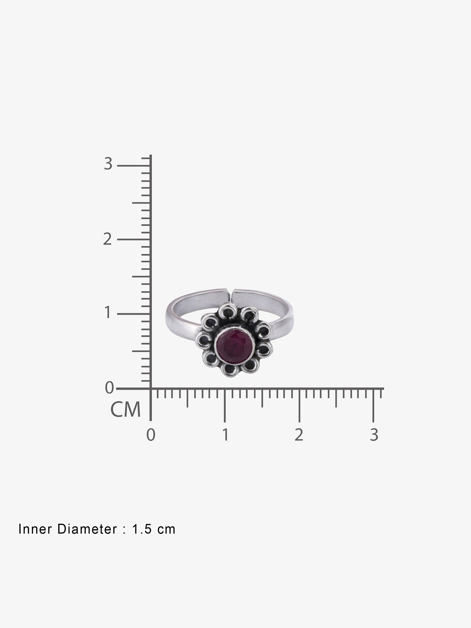 Reverse view of SIJA Ruby Timeless Blossom Antique Toe Ring showing BIS 925 hallmark certified oxidised sterling silver jewellery made in India