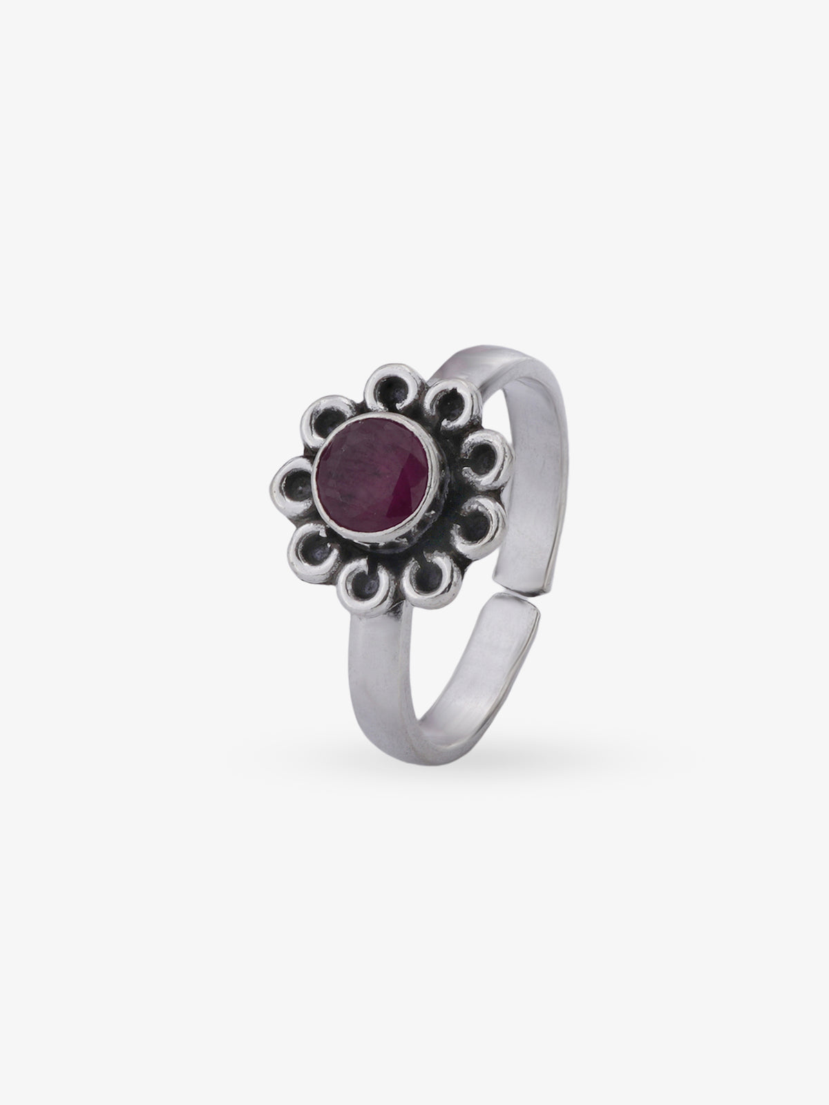 SIJA 925 Silver Ruby Timeless Blossom Antique Toe Ring oxidised silver jewellery elegant front view traditional accessory for women