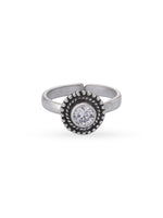 Detailed close up of SIJA 925 Silver Bloom Antique Toe Ring showing oxidised floral motif and handcrafted silver finish