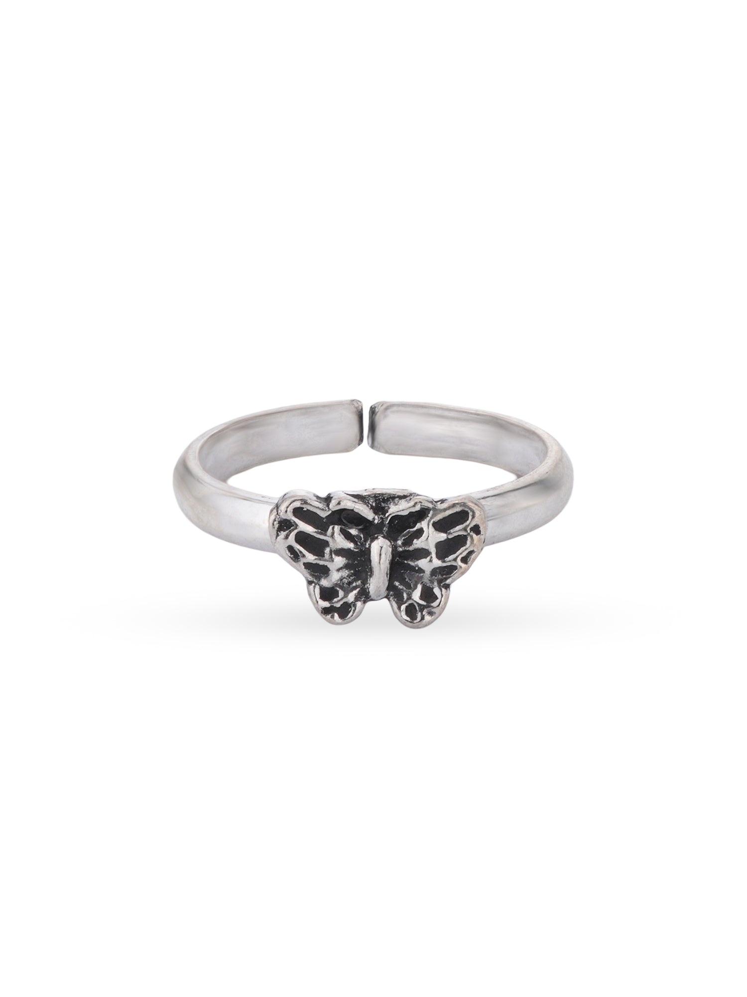 Detailed close up of SIJA 925 Silver Butterfly Toe Ring showing oxidised butterfly design and handcrafted silver finish