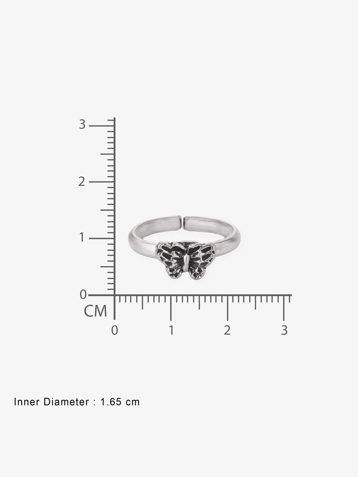 Reverse view of SIJA Butterfly Toe Ring showing BIS 925 hallmark certified oxidised sterling silver jewellery made in India