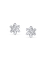 Detailed close up of SIJA Flower Stud showing delicate floral motif with sparkling silver craftsmanship