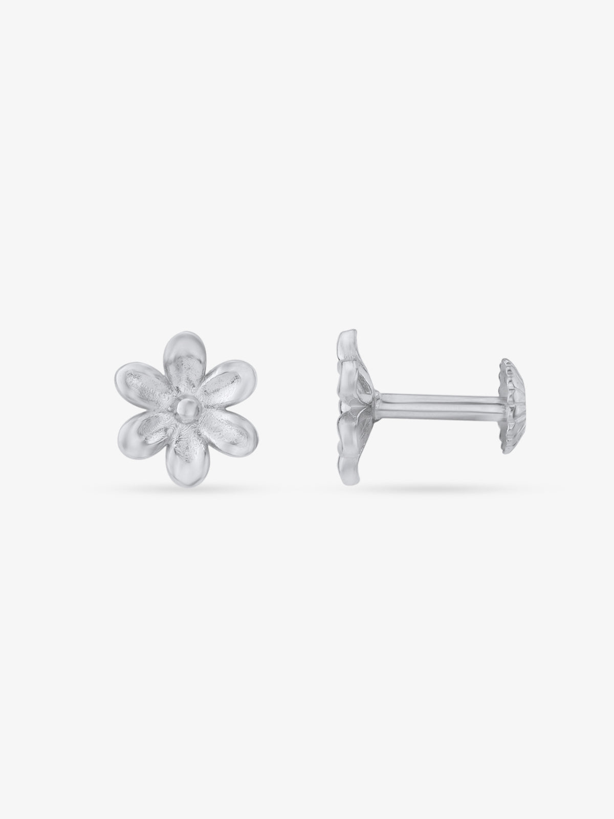 Side view of SIJA 925 Silver Flower Stud highlighting sleek silver setting with flower charm