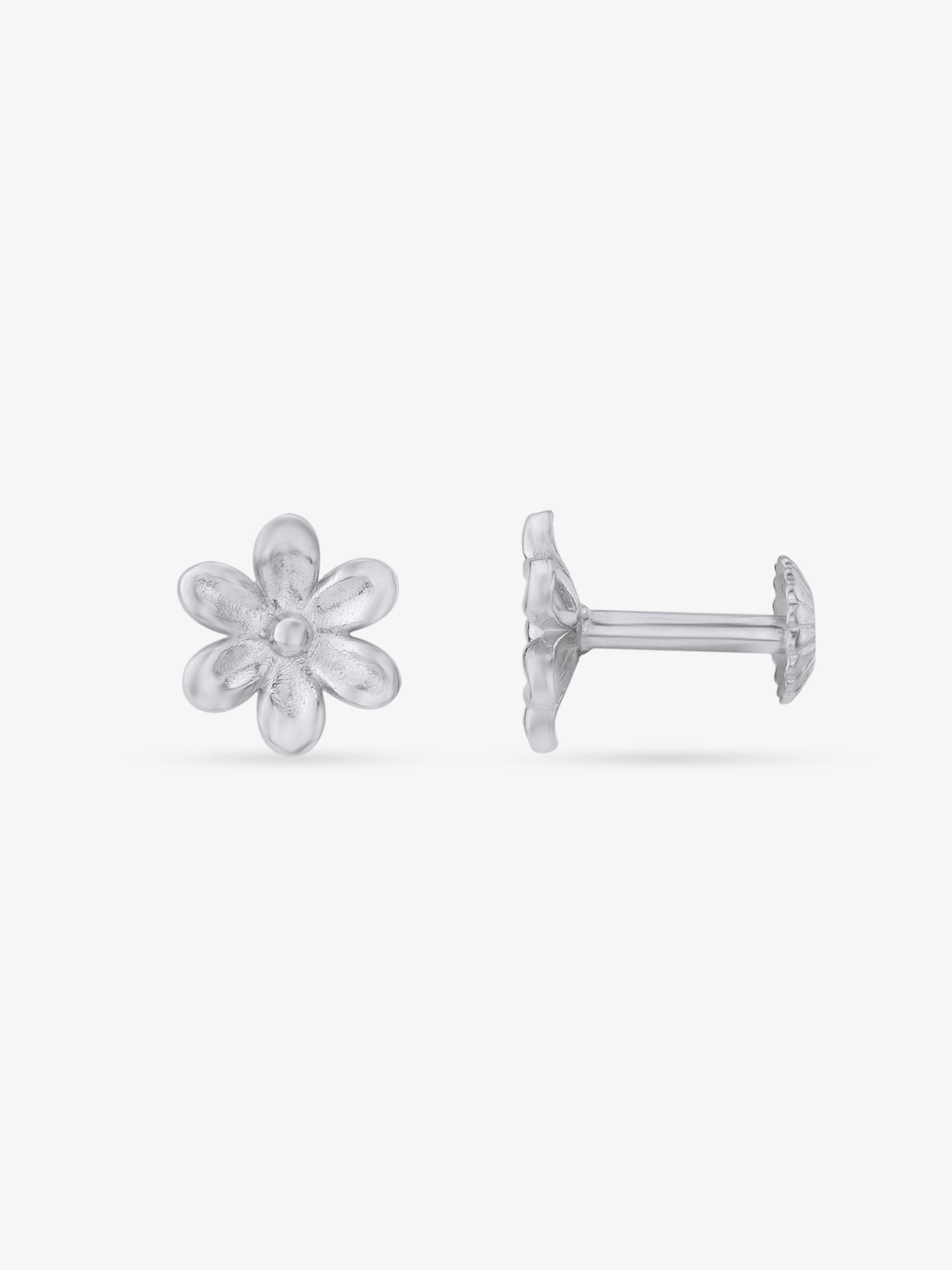 Side view of SIJA 925 Silver Flower Stud highlighting sleek silver setting with flower charm