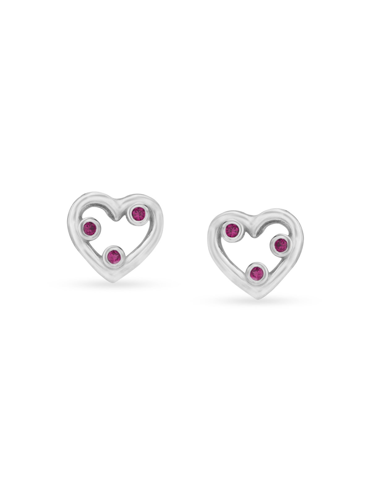 Detailed close up of SIJA Heart Stud showing three sparkling pink stones set in sterling silver craftsmanship