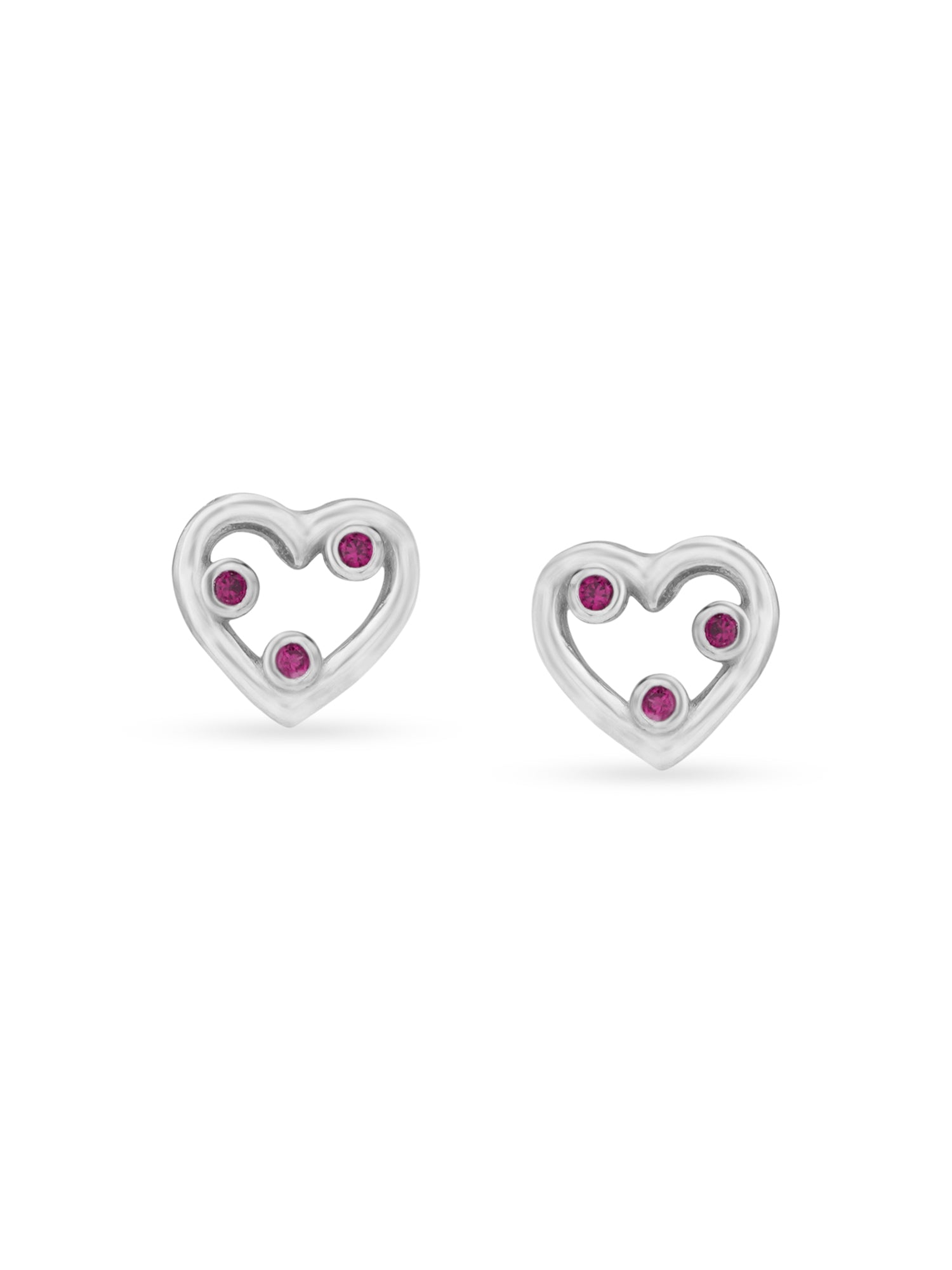 Detailed close up of SIJA Heart Stud showing three sparkling pink stones set in sterling silver craftsmanship