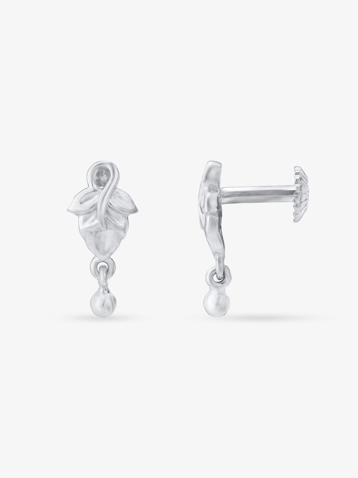 Side view of SIJA 925 Silver Leaf‑Drop Earrings highlighting sleek silver setting with dangling leaf charm