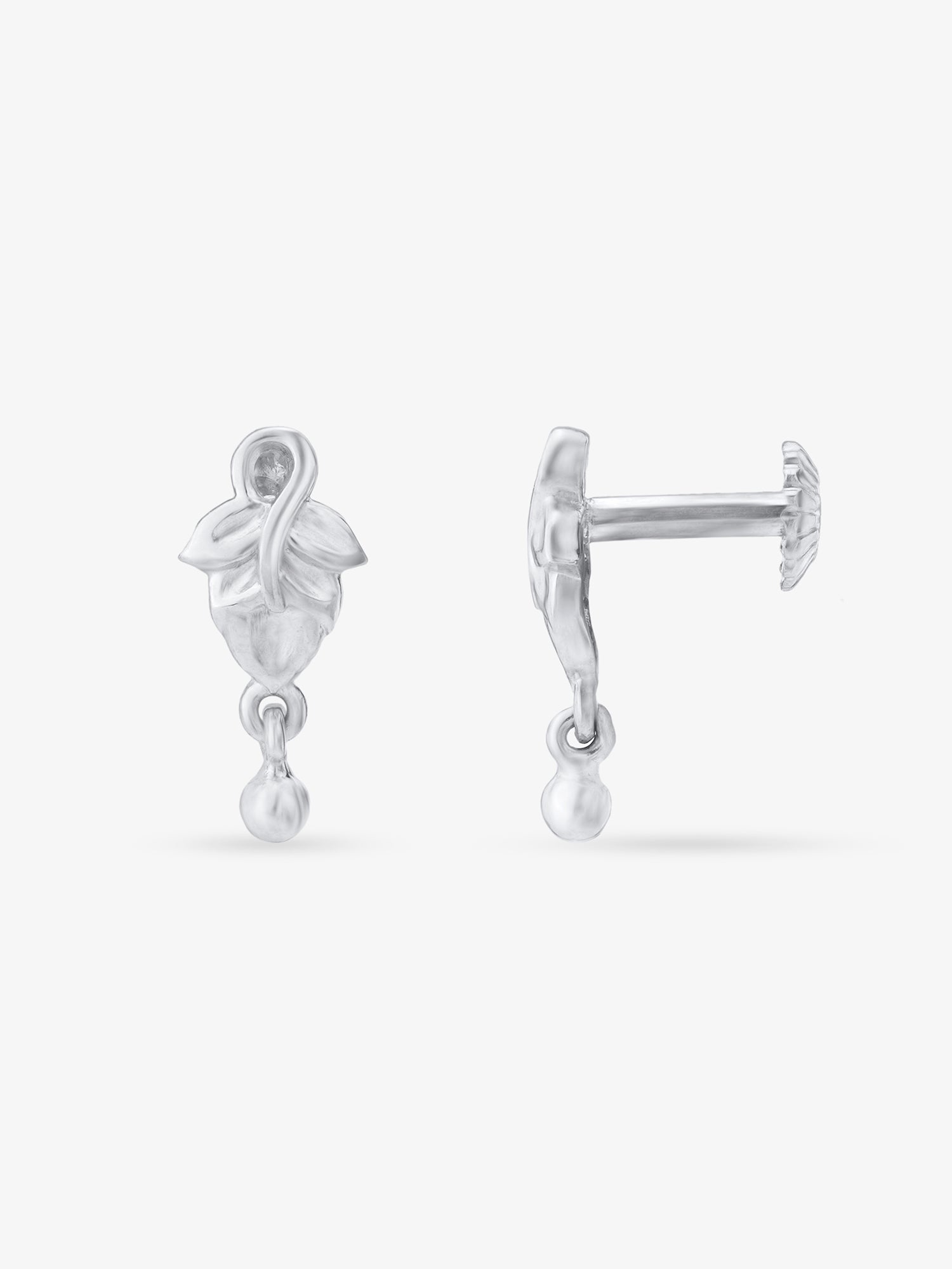 Side view of SIJA 925 Silver Leaf‑Drop Earrings highlighting sleek silver setting with dangling leaf charm