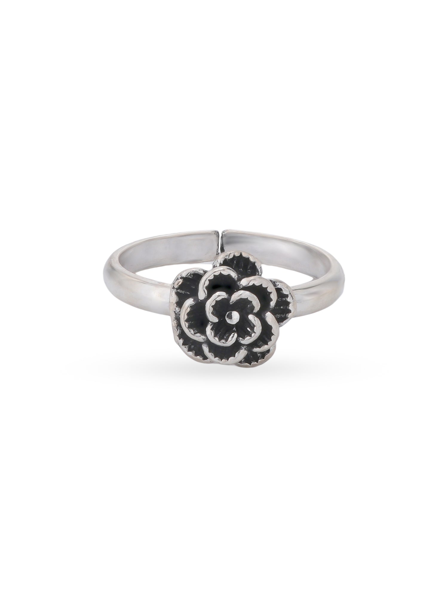 Detailed close up of SIJA 925 Silver Rose Bloom Toe Ring showing oxidised rose motif and handcrafted silver finish