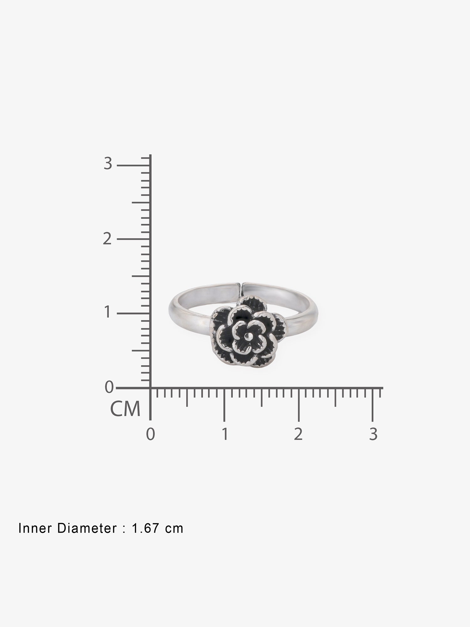 Reverse view of SIJA Rose Bloom Toe Ring showing BIS 925 hallmark certified oxidised sterling silver jewellery made in India