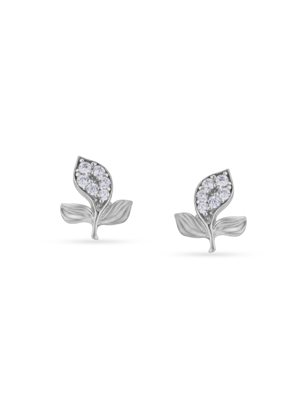 Detailed close up of SIJA Tri‑Leaf Stud showing sparkling zircon stones with delicate three‑leaf motif craftsmanship