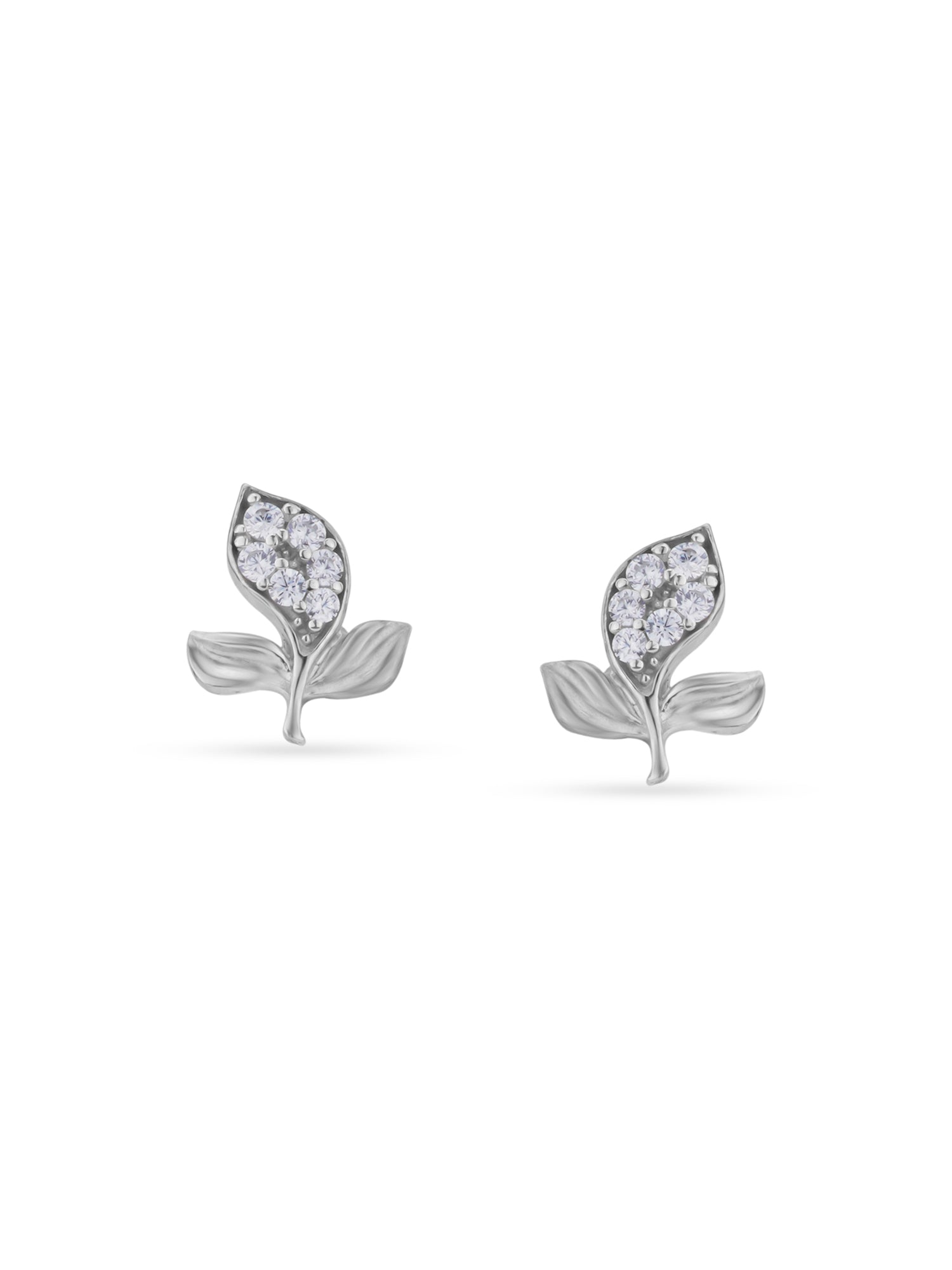Detailed close up of SIJA Tri‑Leaf Stud showing sparkling zircon stones with delicate three‑leaf motif craftsmanship
