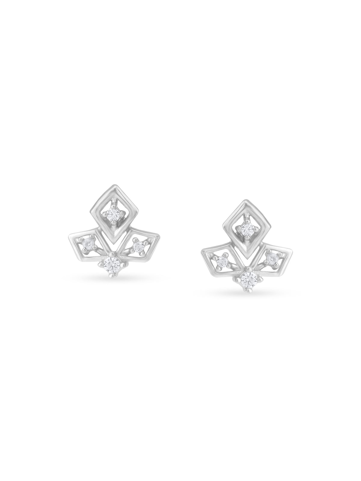 Detailed close up of SIJA Tri‑Diamond Shaped Stud showing sparkling zircon stones arranged in geometric diamond motif craftsmanship