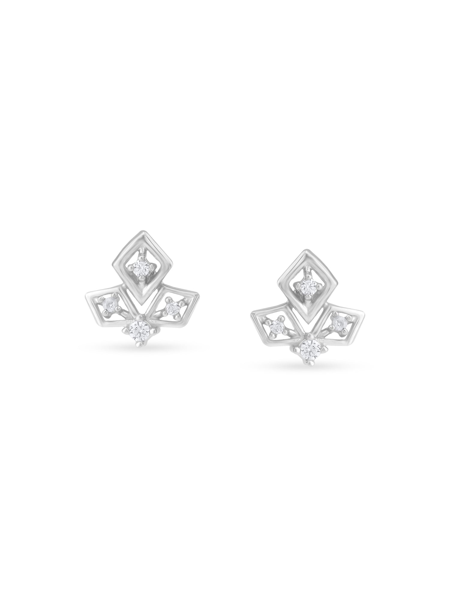 Detailed close up of SIJA Tri‑Diamond Shaped Stud showing sparkling zircon stones arranged in geometric diamond motif craftsmanship