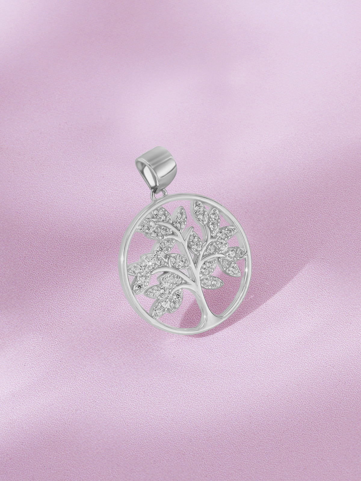Detailed close up of SIJA 925 Silver Sparkling Tree of Life Pendant with Chain showing sparkling branches and handcrafted silver finish