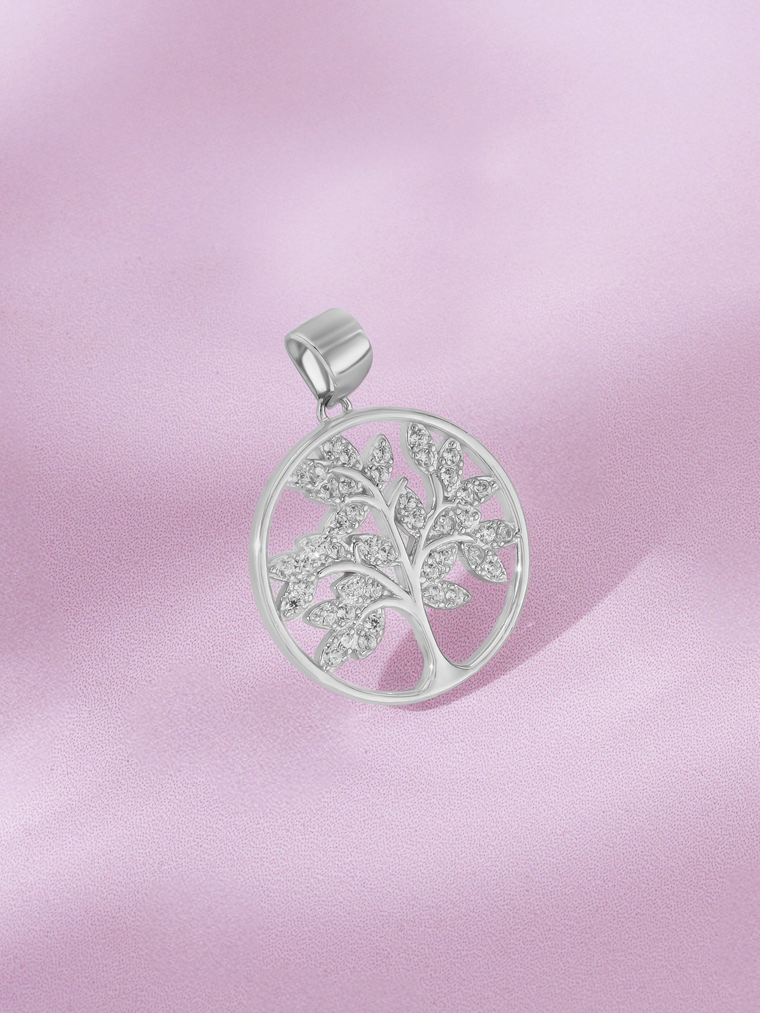 Detailed close up of SIJA 925 Silver Sparkling Tree of Life Pendant with Chain showing sparkling branches and handcrafted silver finish