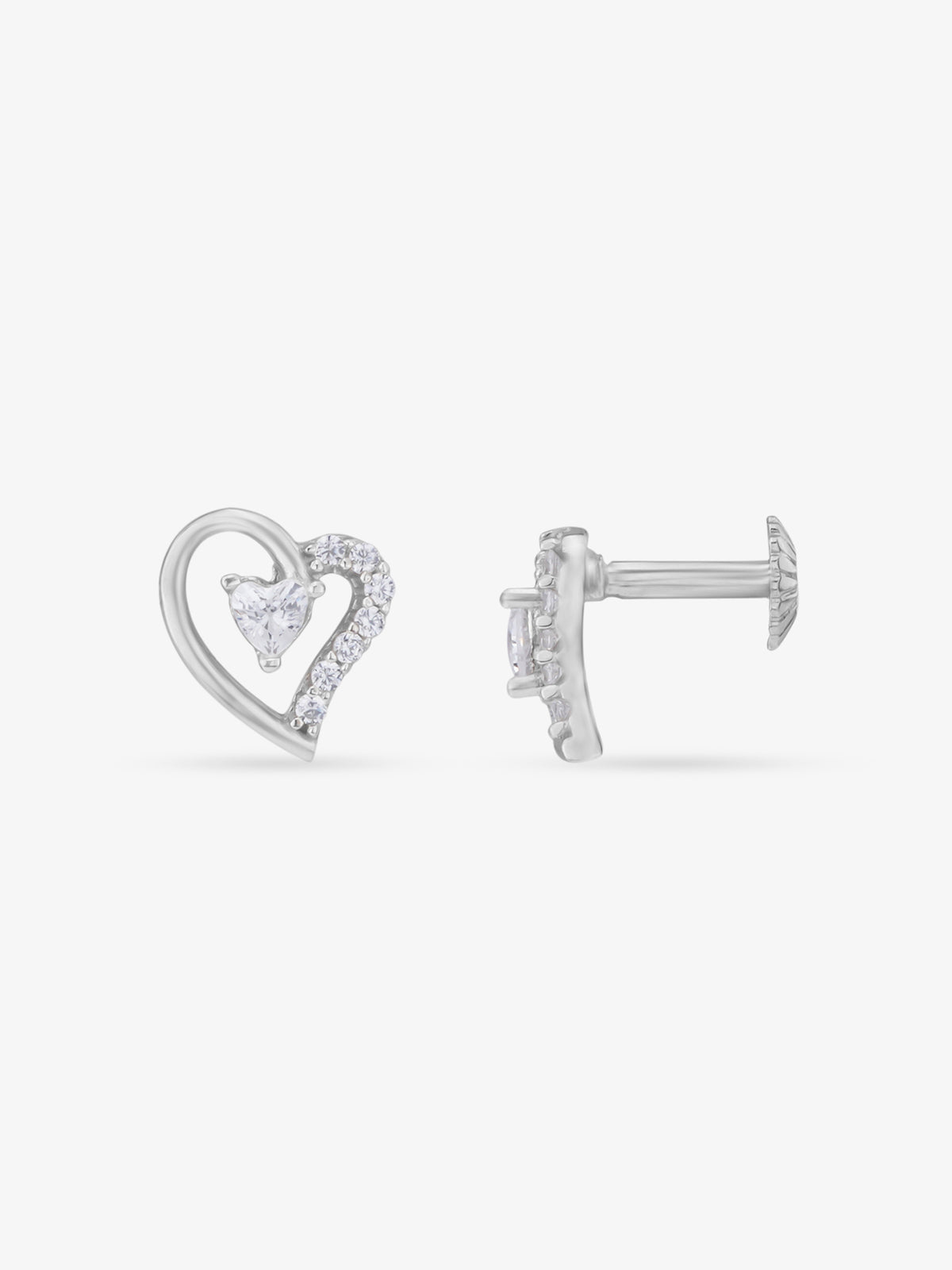 Side view of SIJA 925 Silver Sparkling Twin Heart Stud highlighting sleek silver setting with twin heart charm
