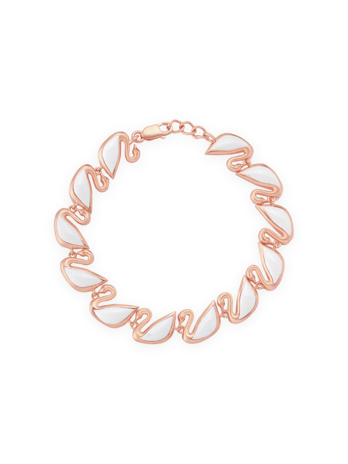 Detailed close up of SIJA Swan Womens Bracelet showing rose gold plated swan charm and premium sterling silver craftsmanship