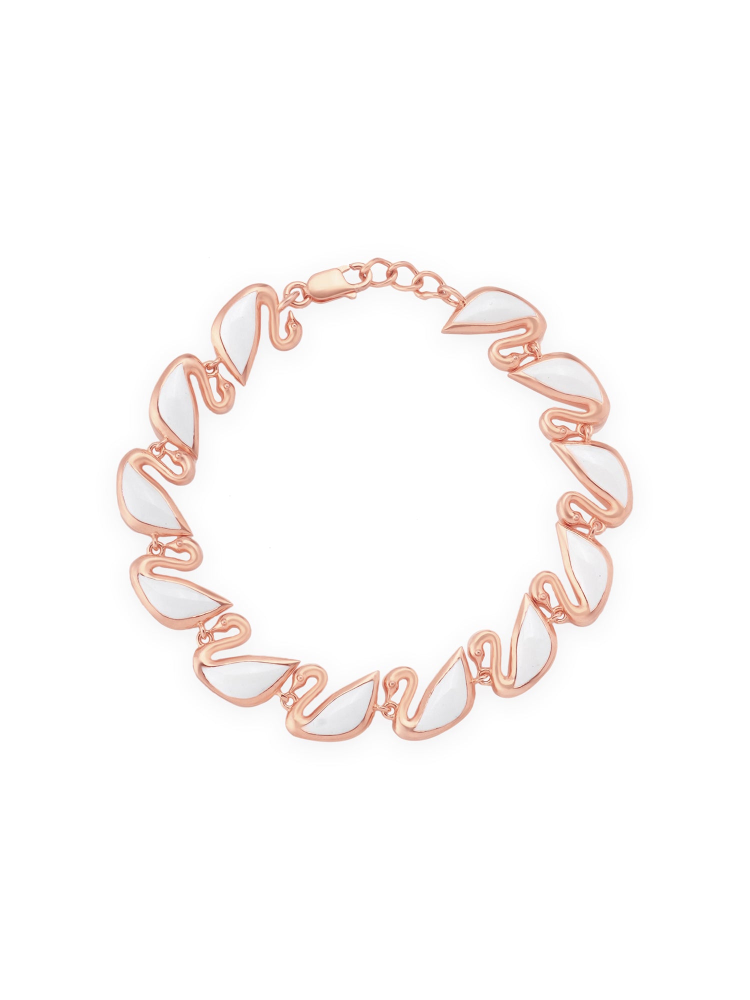 Detailed close up of SIJA Swan Womens Bracelet showing rose gold plated swan charm and premium sterling silver craftsmanship
