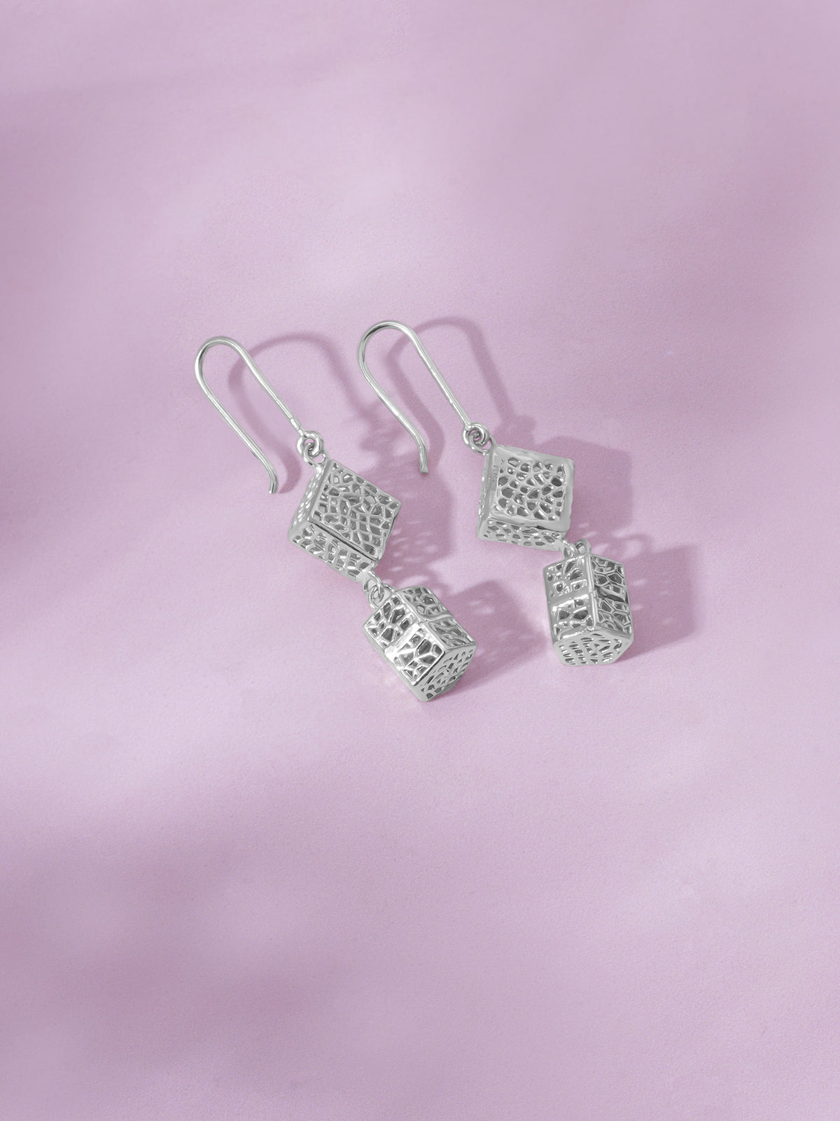 Detailed close up of SIJA 925 Silver Textured Cube Hook Earrings showing textured cube design and handcrafted silver finish