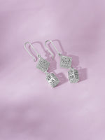 Detailed close up of SIJA 925 Silver Textured Cube Hook Earrings showing textured cube design and handcrafted silver finish