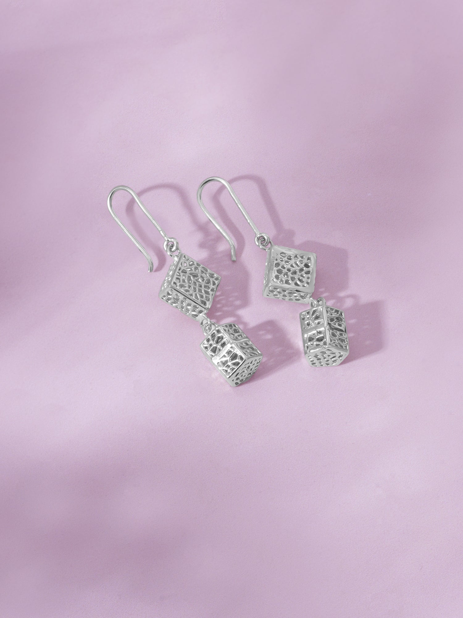 Detailed close up of SIJA 925 Silver Textured Cube Hook Earrings showing textured cube design and handcrafted silver finish